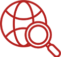 A red drawing of a globe with a magnifying glass.