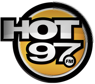 A yellow and black logo for hot 9 7 fm.